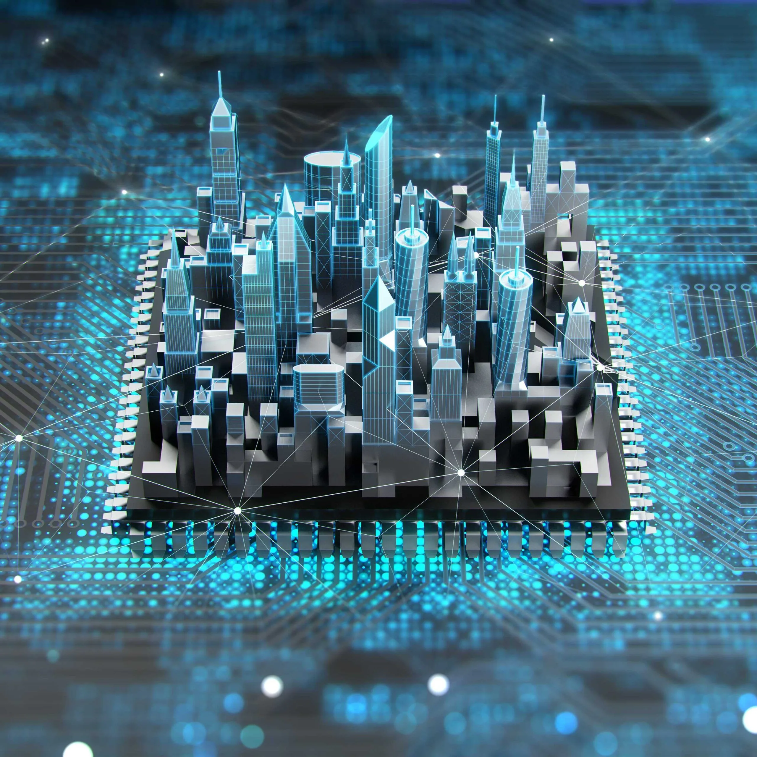 Futuristic city on motherboard with cpu. Concept of smart technology