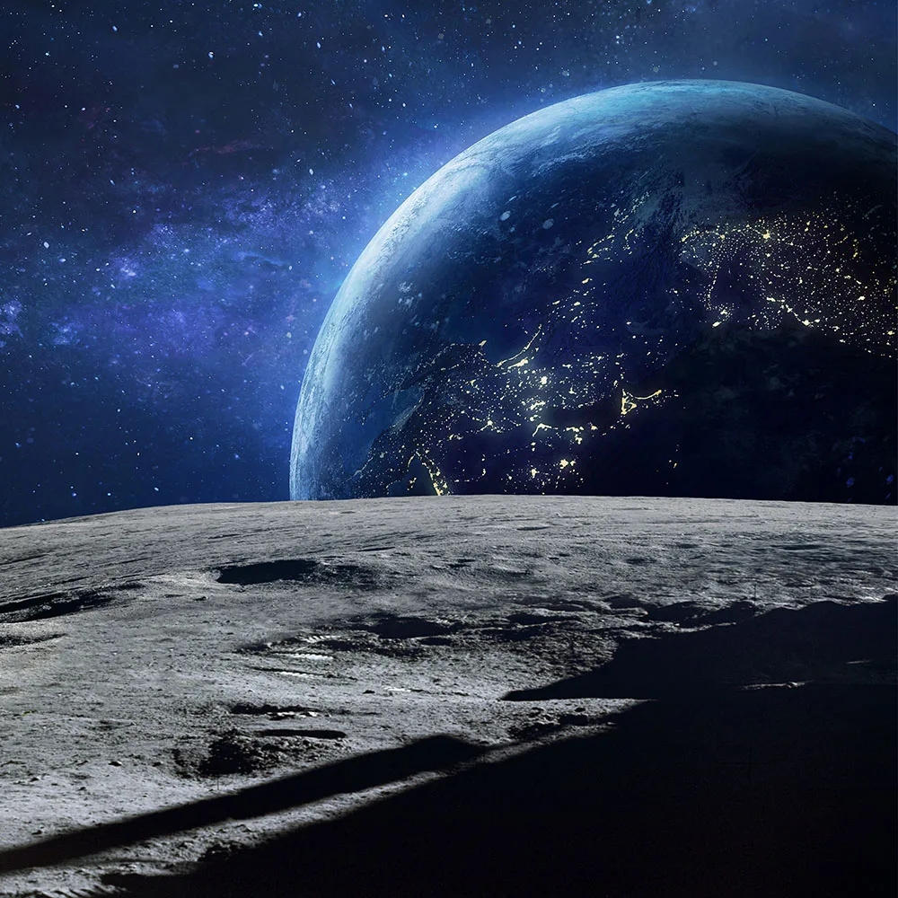 Moon surface and blue Earth planet at night in deep space