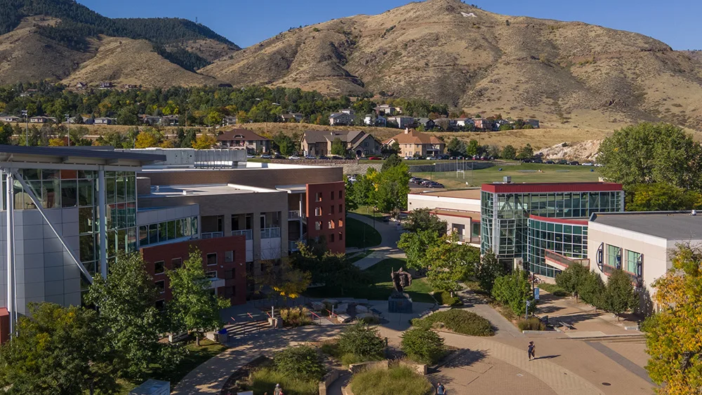 Aerial view of Mines plaza with views of the student center