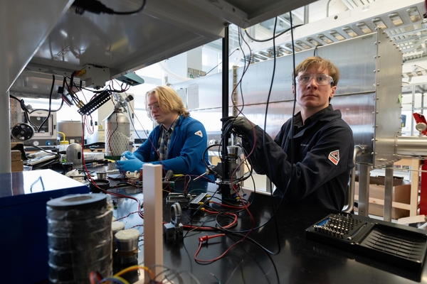 Protofund students John-Austin Little and Austin Arvidson work on their acoustic levitation device FUSE