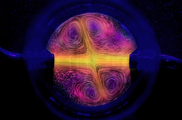 visualization of flows coming into the reverse sprinkler using particles and false colored.