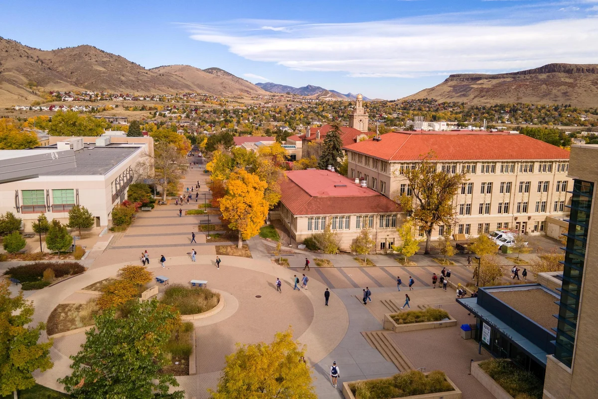 Aerial view of Mines Pedestrian Plaza in the fall