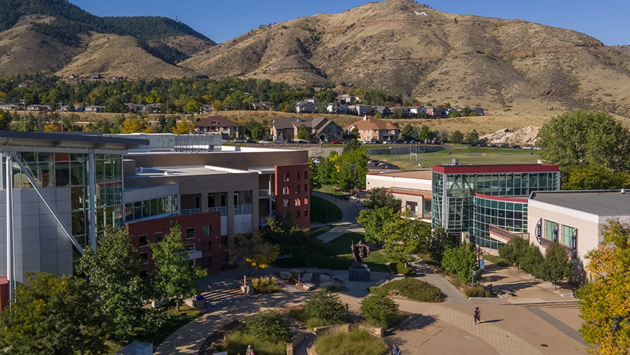 Aerial view of Mines plaza with views of the student center