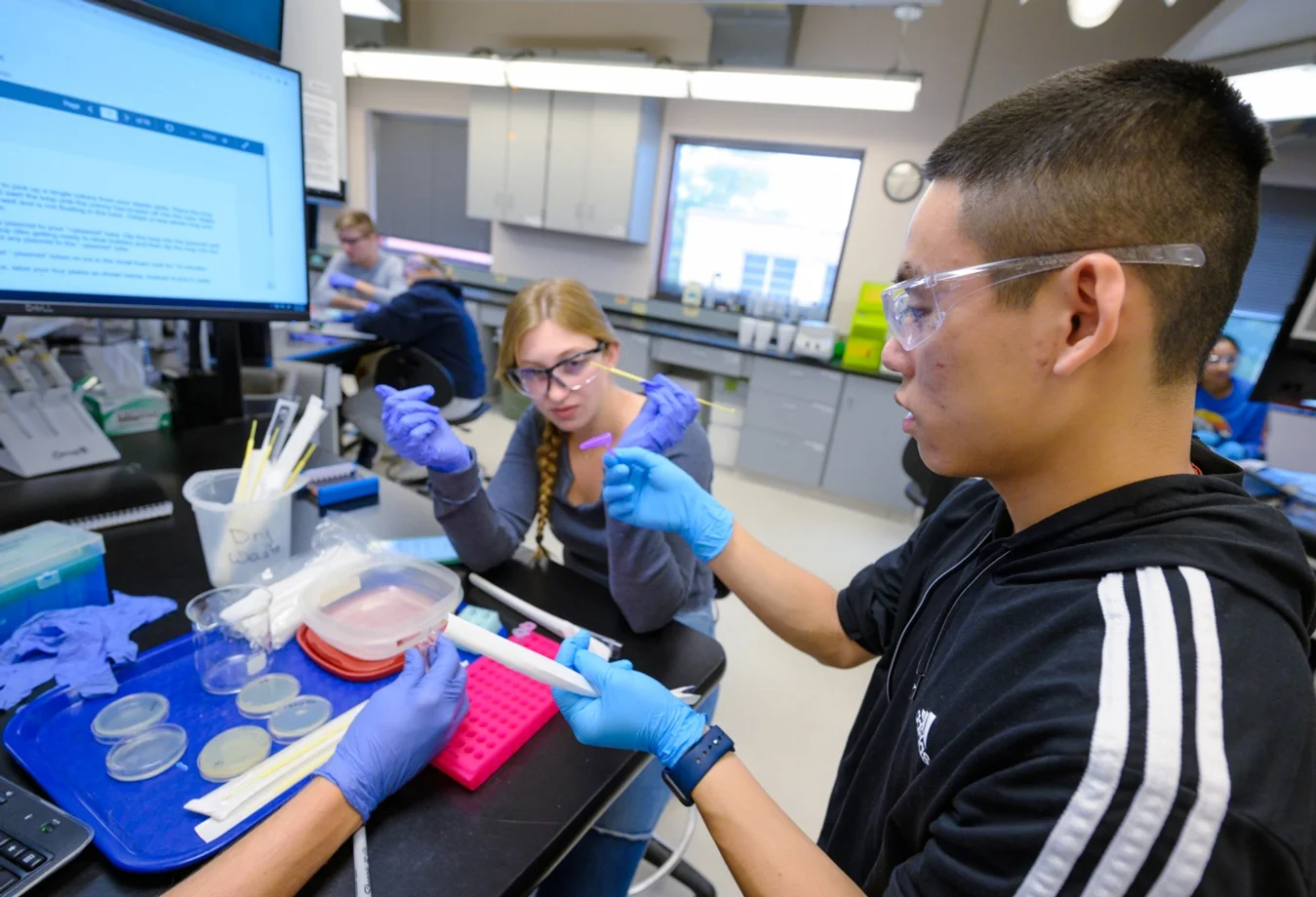 A male and female student working on test kits within a lab.