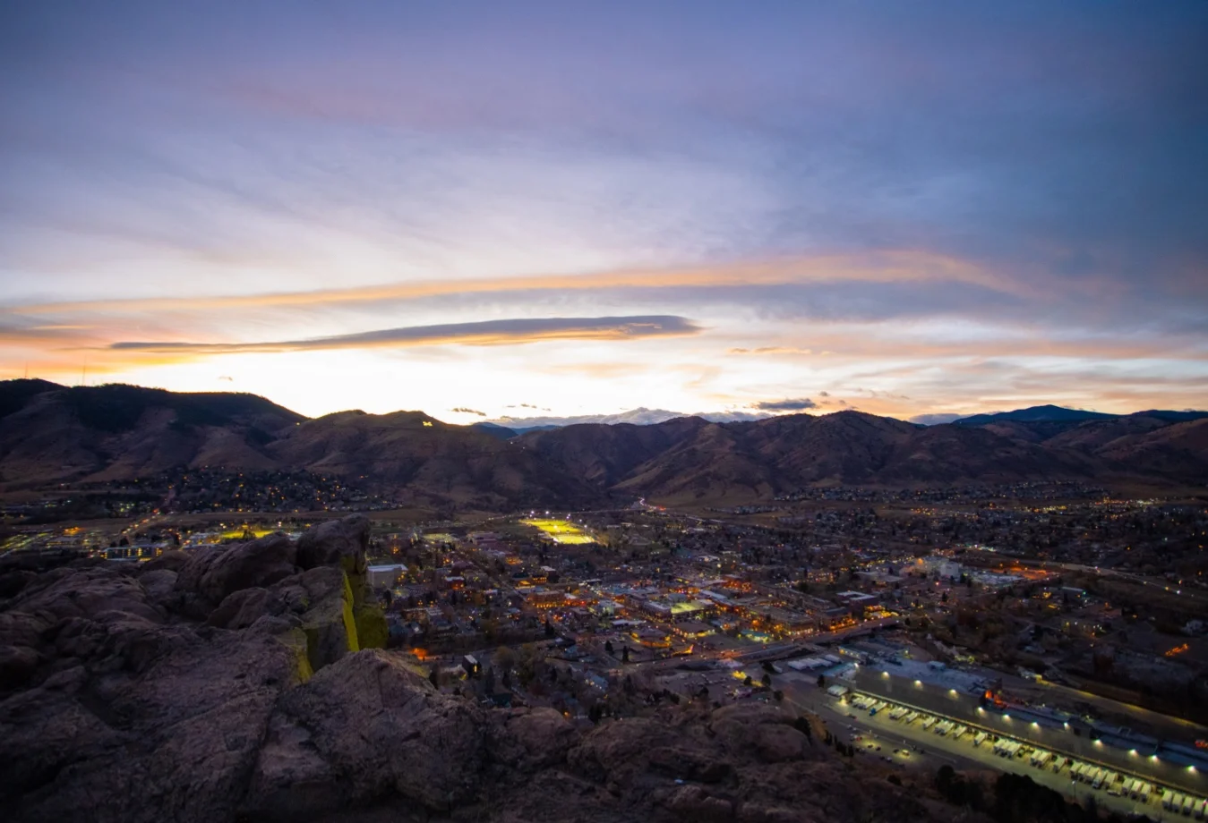 This panoramic view is of Golden, Colorado, taken from a high vantage point such as Lookout Mountain