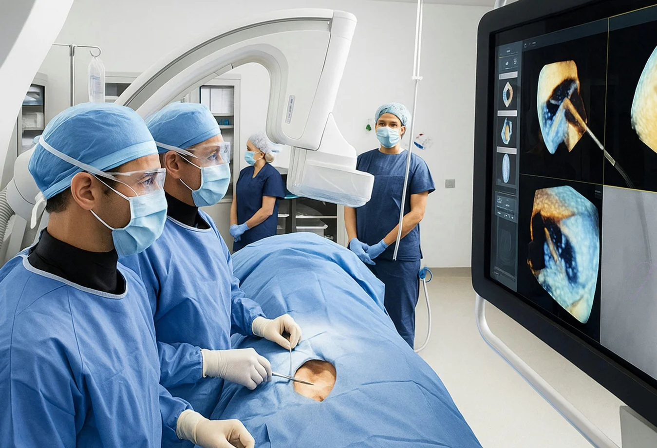 This image depicts a Philips Azurion image-guided therapy system being used by a medical team during a procedure