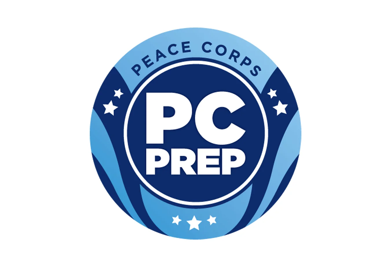 Circular blue “PC Prep” logo with “Peace Corps” text, white stars, and layered blue accents.