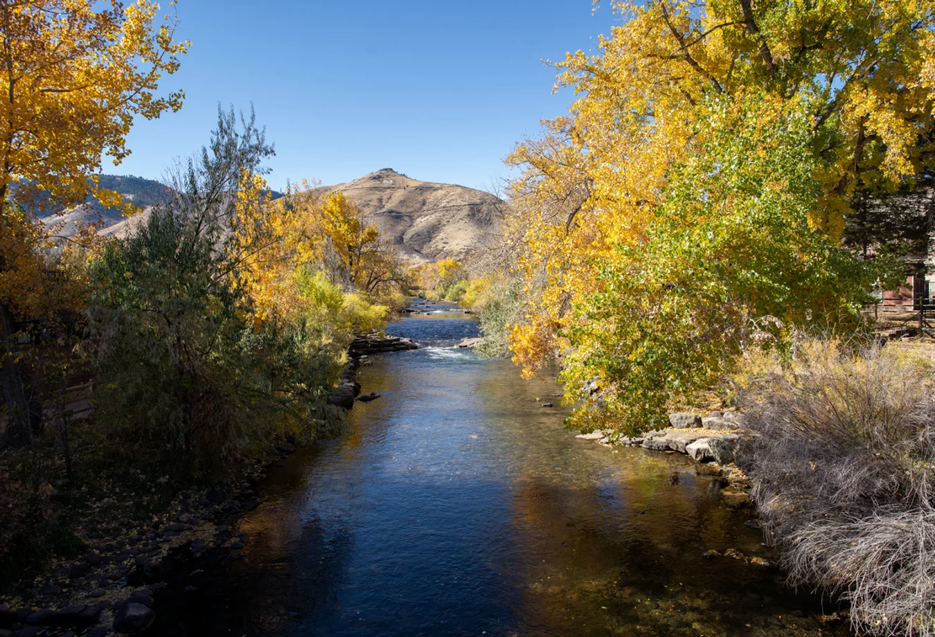 Clear Creek river flowing through autumn trees with yellow and green leaves, set against a dry mountain under a bright blue sky.