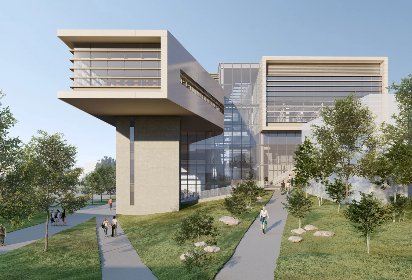 Modern rendering of new USGS building with large glass windows and cantilevered upper floors, surrounded by trees, pathways, and people walking and cycling.