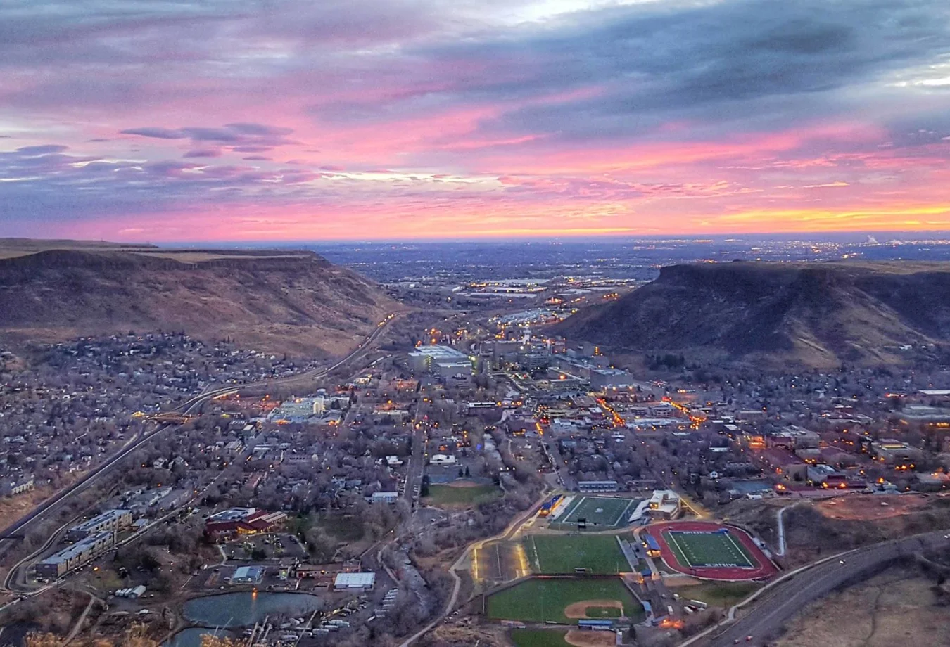 Aerial view of Mines campus at sunset