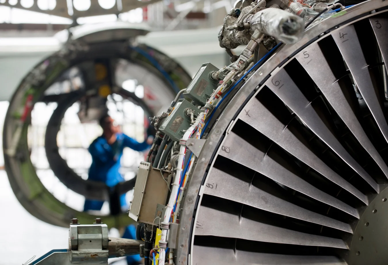 A jet engine undergoing maintenance