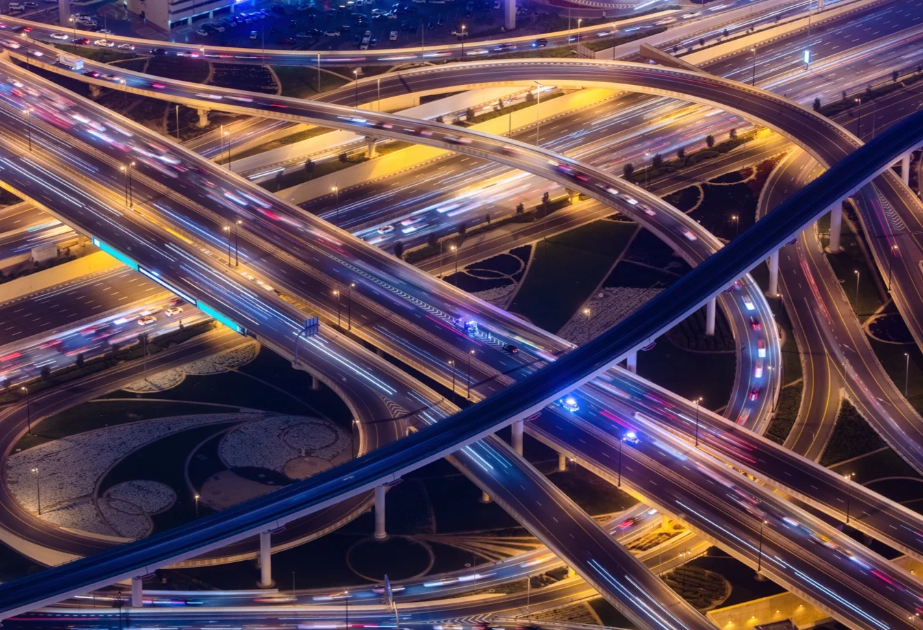 Sheikh Zayed Road highway interchange in Dubai, United Arab Emirates, taken at night from an elevated perspective