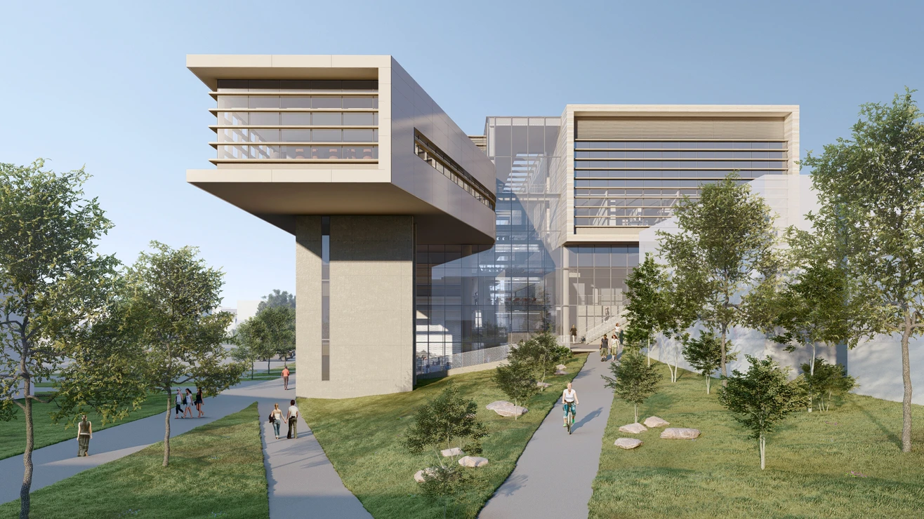 Modern rendering of new USGS building with large glass windows and cantilevered upper floors, surrounded by trees, pathways, and people walking and cycling.