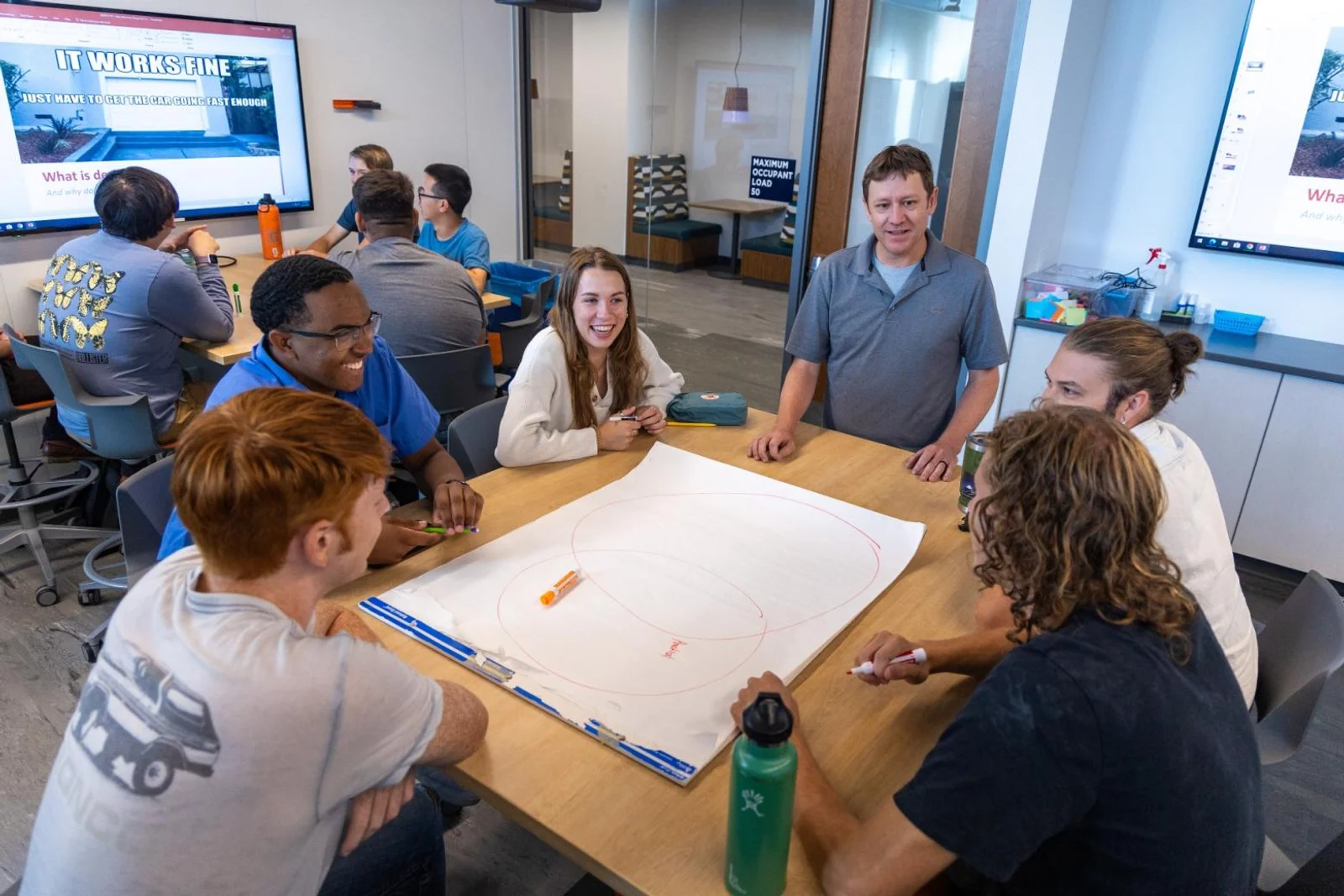 Group of students collaborating around a table with a large sheet of paper, whiteboards, and monitors in a modern meeting room.