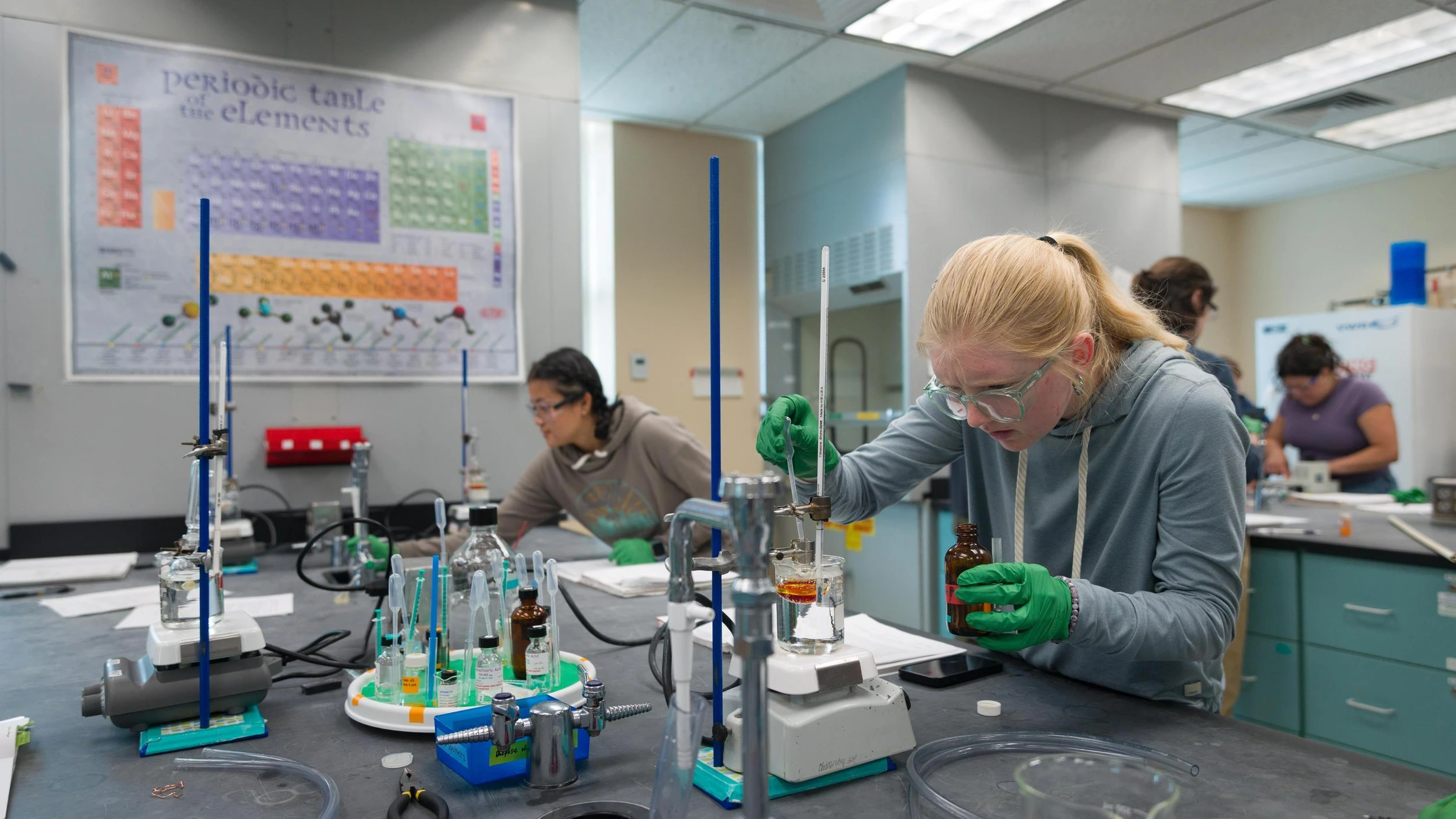 Chemistry PhD students perform experiments in the lab during Chemistry Field Session.