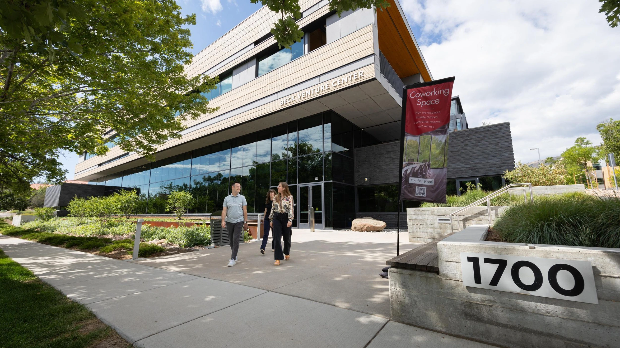 Mines students who are part of the business and economics programs at Mines exit the Beck Venture Center coworking space.