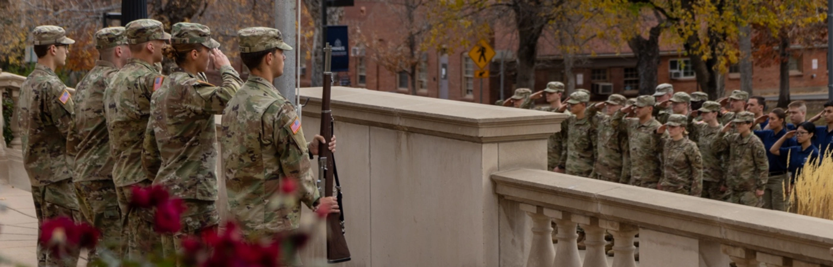 Army ROTC at Mines standing at attention for the Reveille ceremony.