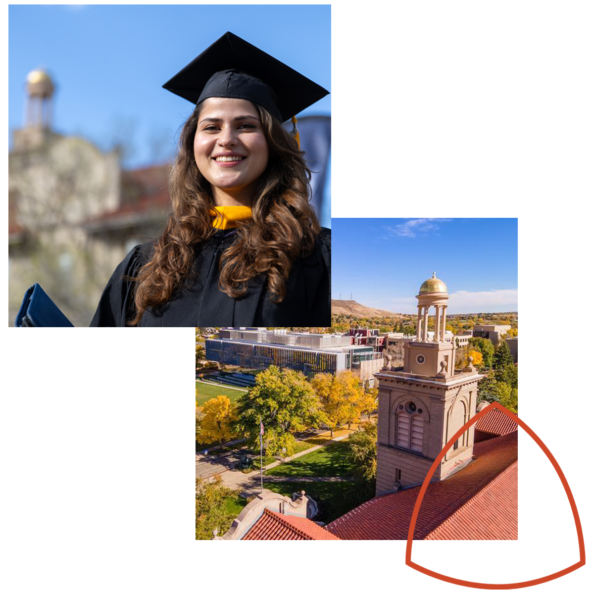 Smiling female Mines graduate in cap and gown holding diploma with Mines campus featuring Guggenheim tower and autumn foliage in the background.