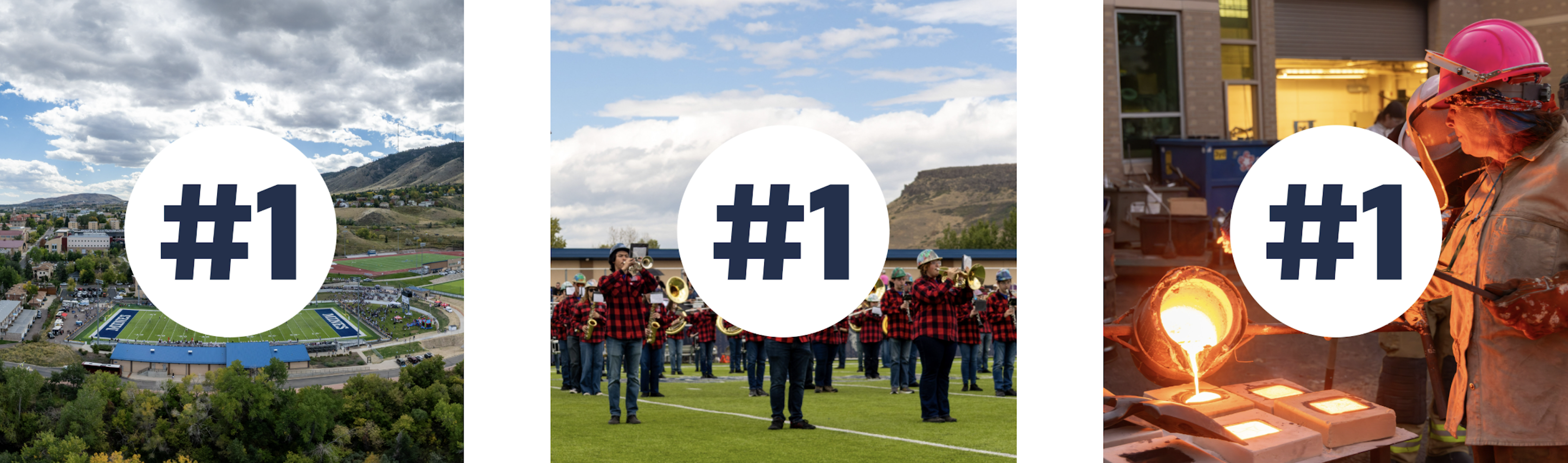 Collage of a football stadium, a marching band in red plaid, and a foundry worker pouring molten metal, each with a #1 badge.