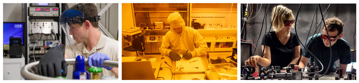 Three scenes showing scientists in labs: a man with protective gear handling equipment, a person in a cleanroom suit working, and two people adjusting optical instruments.