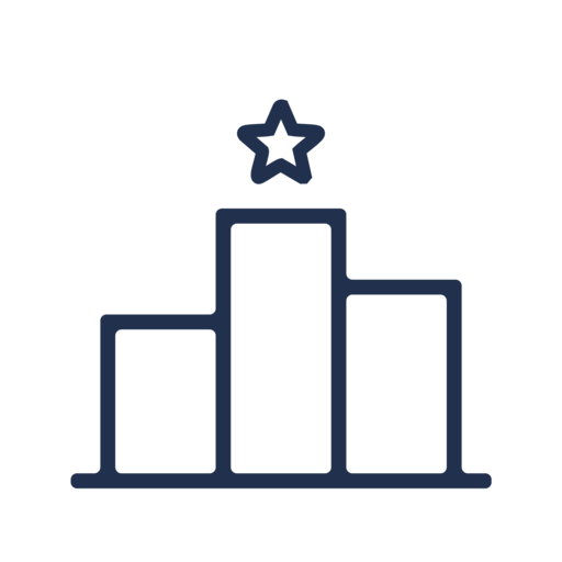 a blue icon of a bar chart with a star on top.