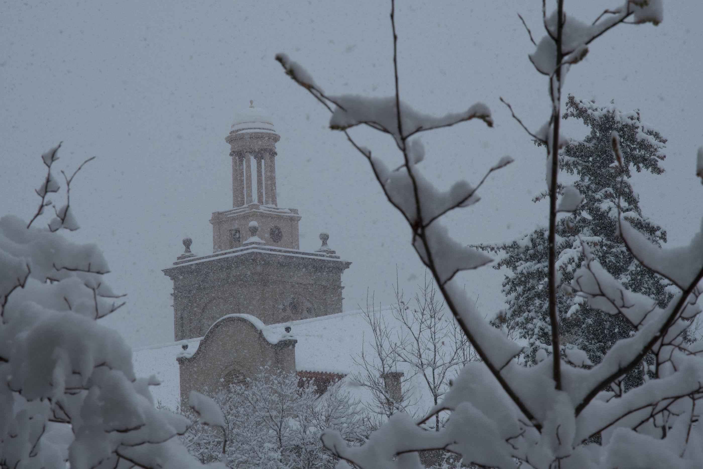 Guggenheim Hall during a winter snow storm on campus 2017