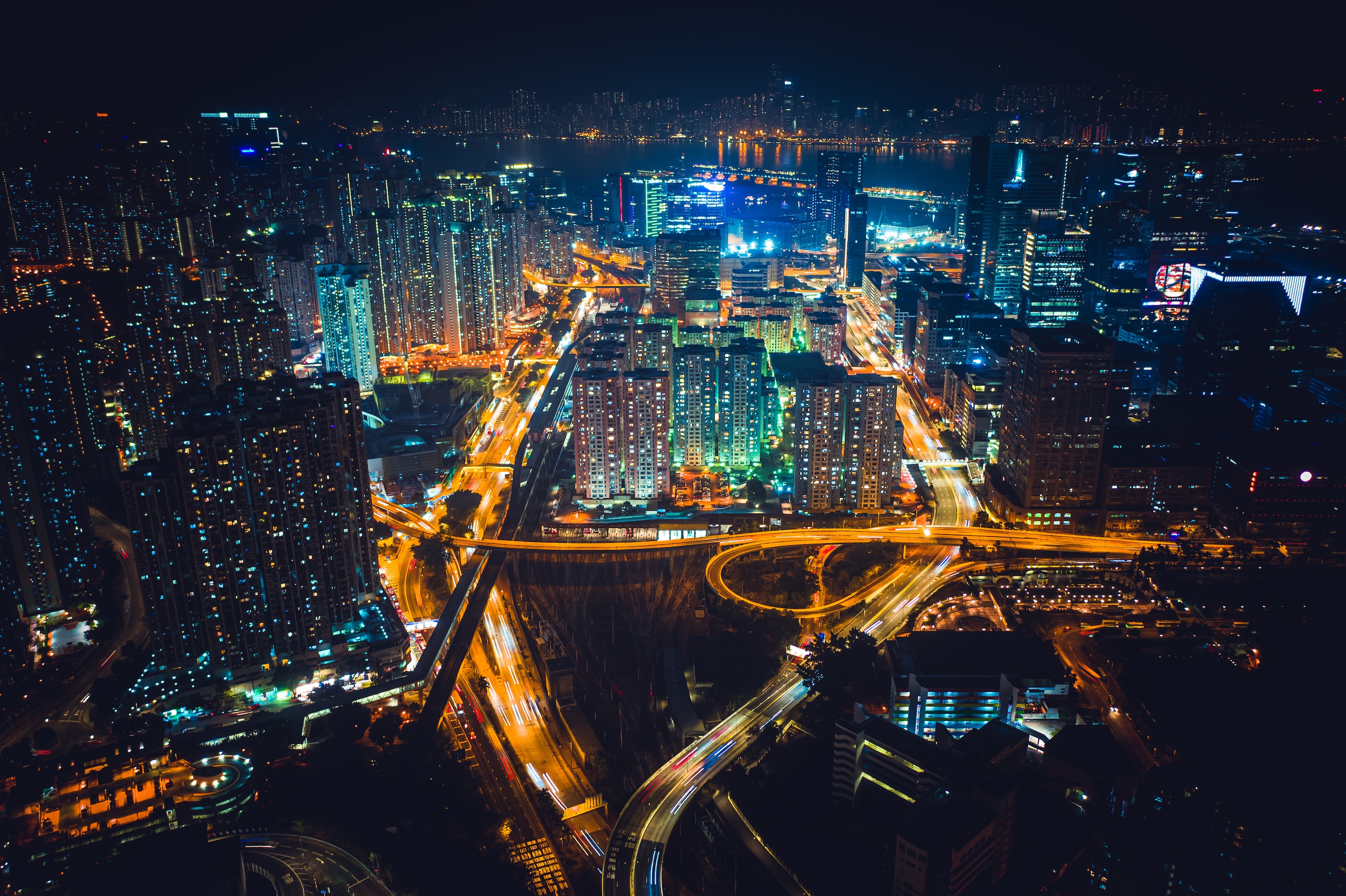 Stock image of a colorful lit up city at night