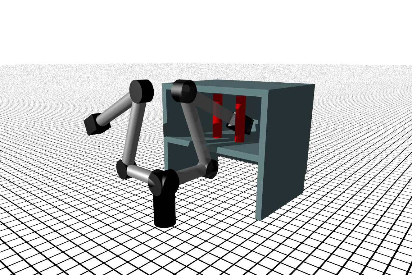 Illustration of a motion planning problem where a robot arm reaches through an obstructed path