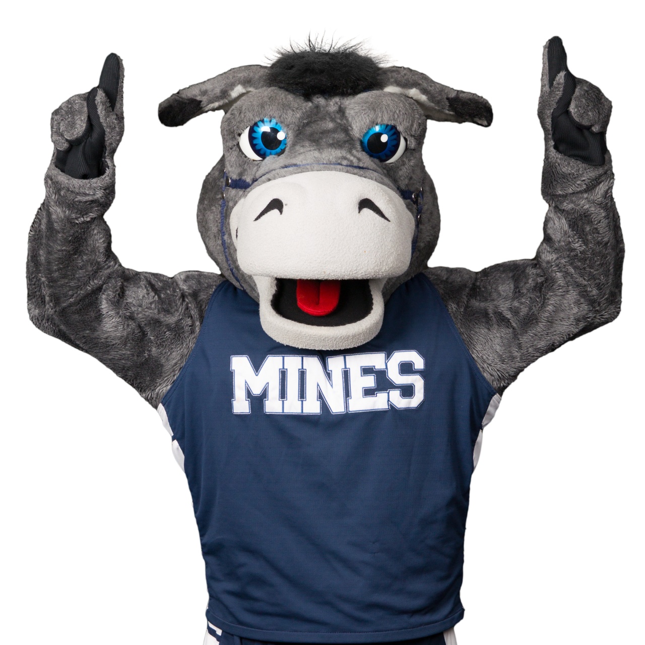 Blaster mascot with both hands in the air making the No. 1 hand gesture