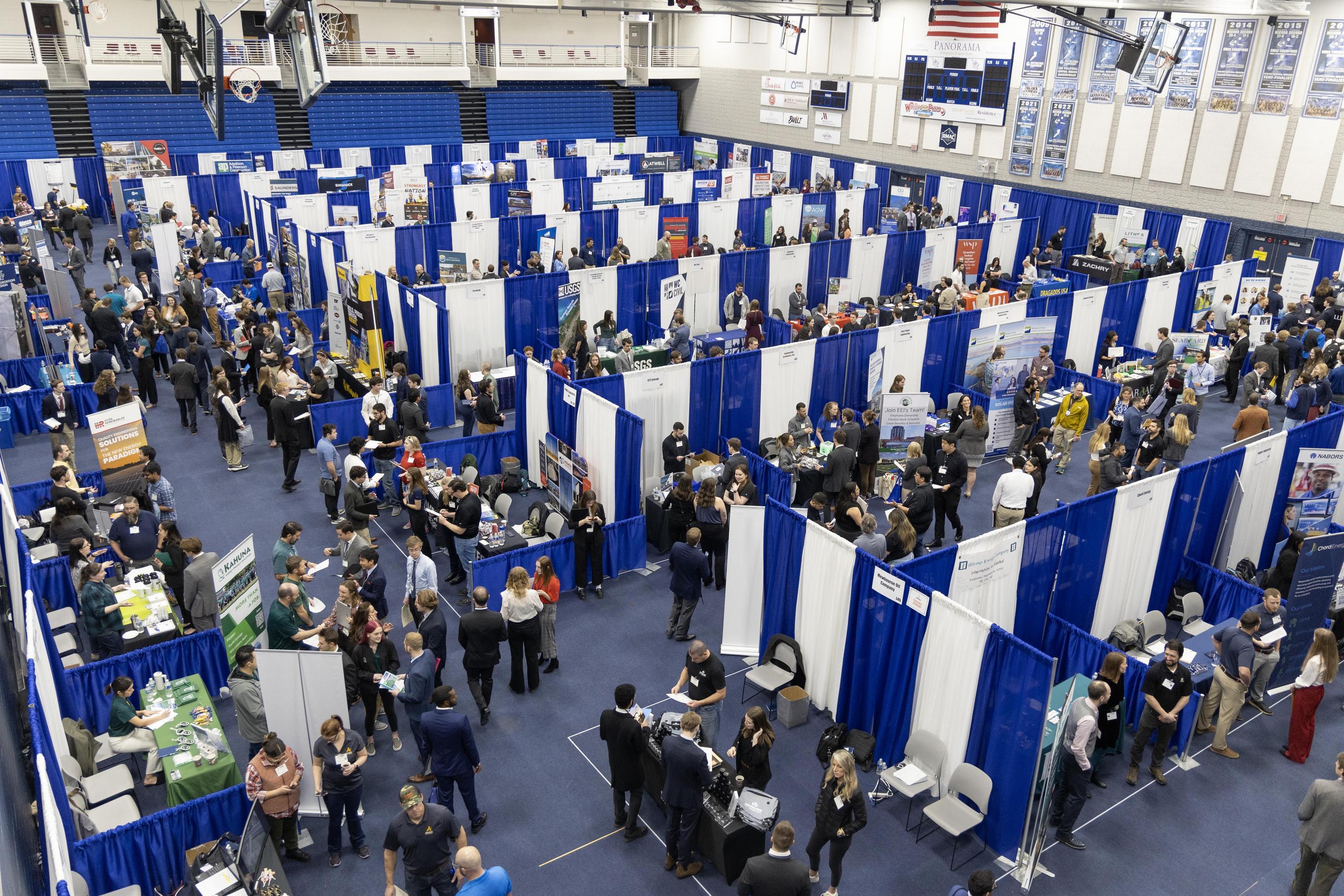 Overhead view of career day booths