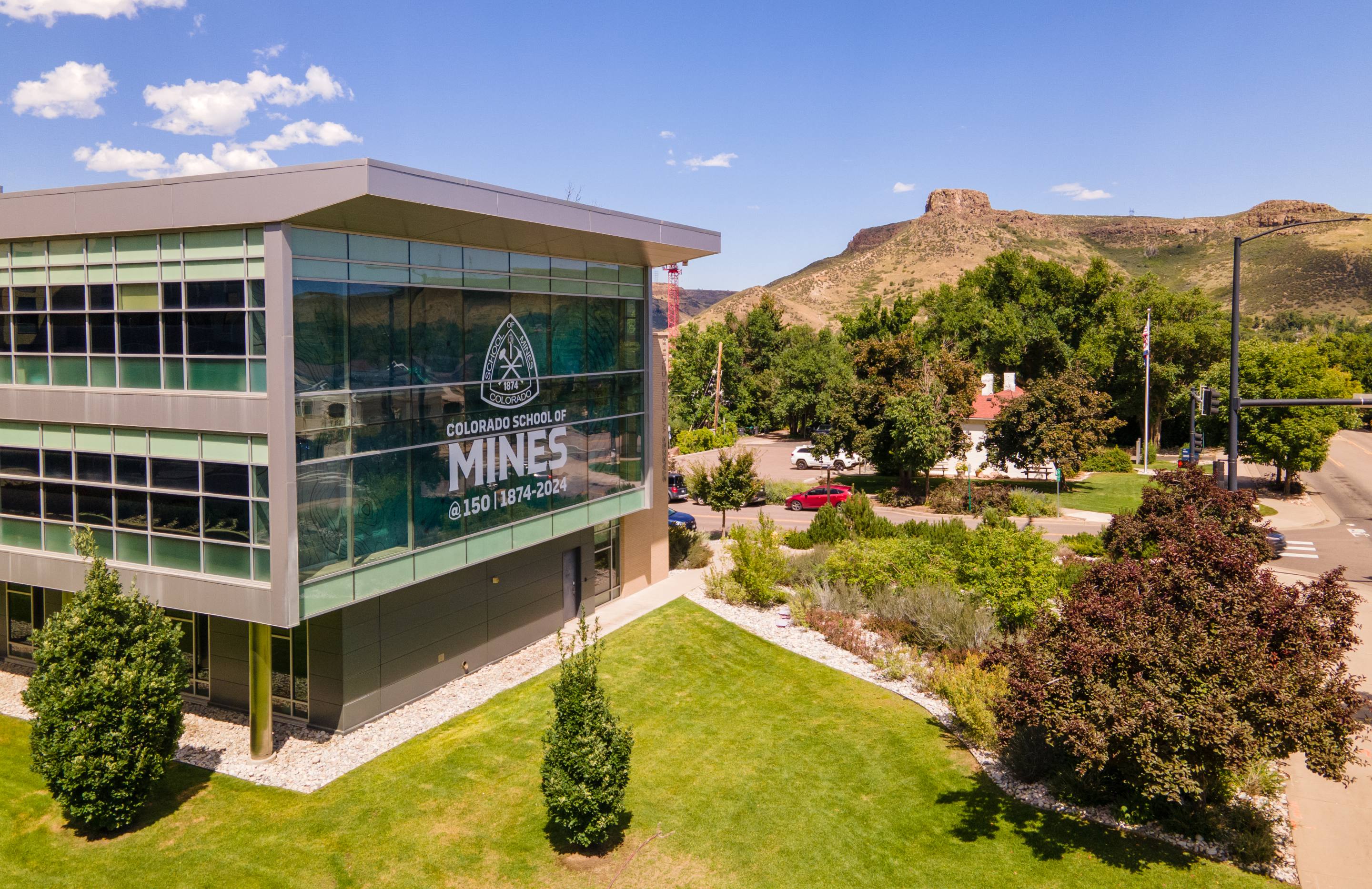 Aerial photo of the Starzer Welcome Center at Colorado School of Mines.