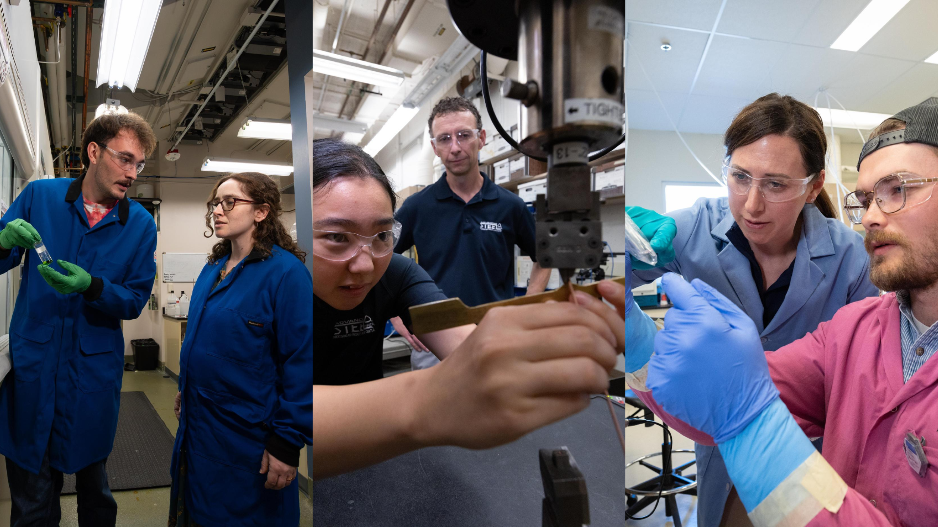 Collage of Eve Mozur, Kip Findley and Jen Shafer working with students in the lab