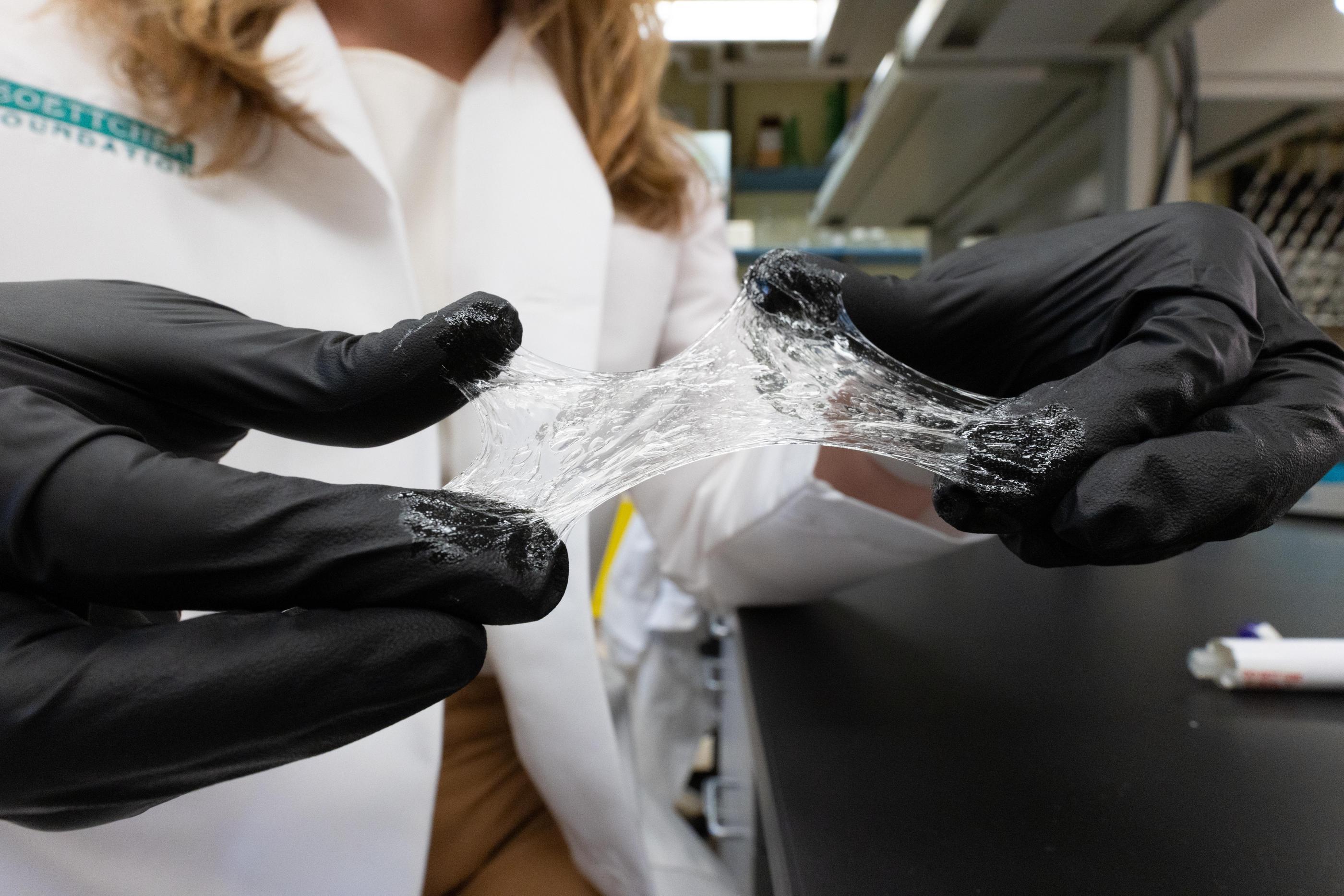 A sample of CleraFlex held by Melissa Krebs