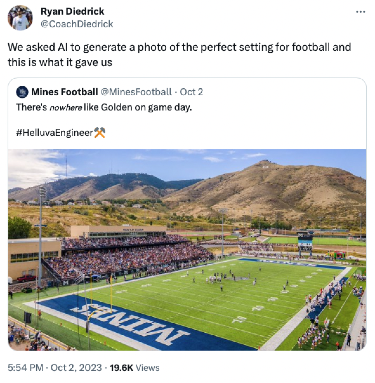 Coach Ryan Diedreck's Instagram post showing a photo of Mines football field set at the foot of the Rocky Mountains.