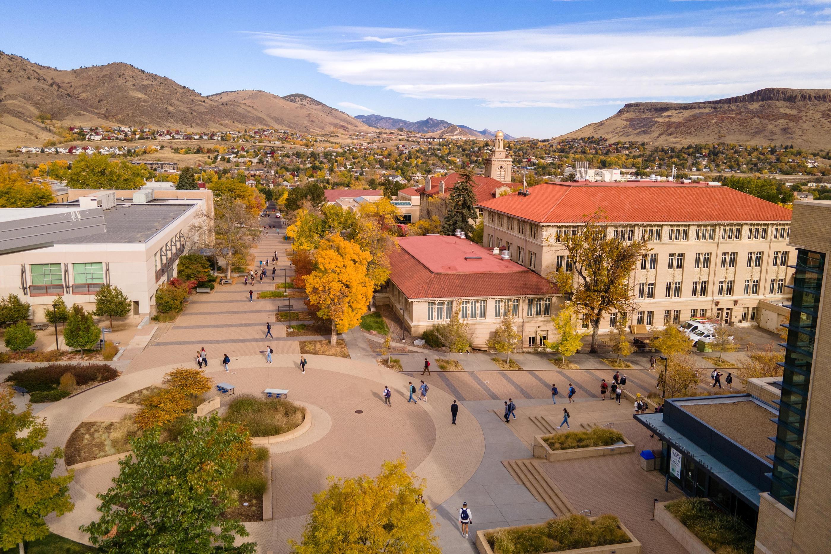 Aerial view of Mines Pedestrian Plaza in the fall