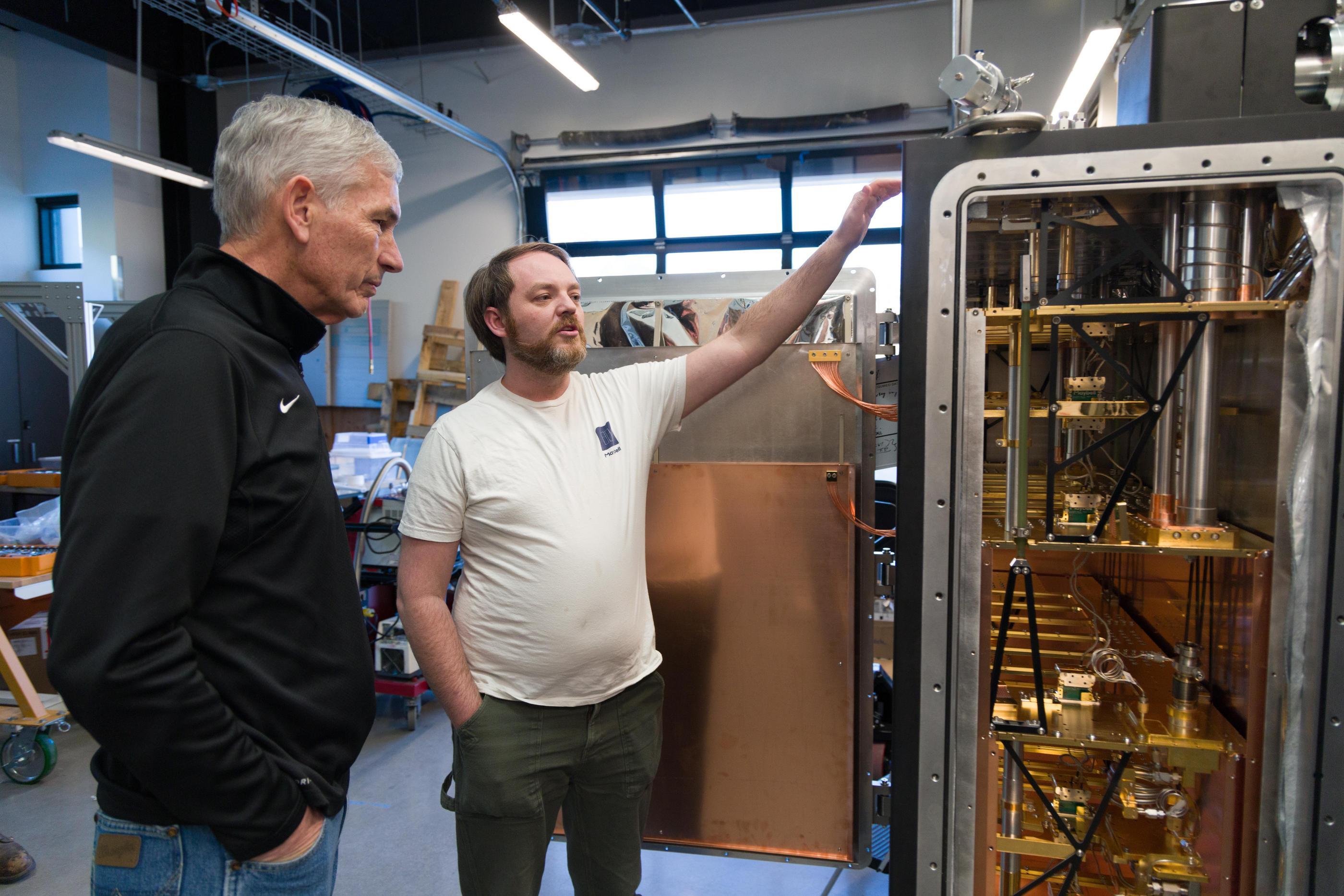Maybell CEO talks to President Johnson next to open Maybell Quantum Big Fridge