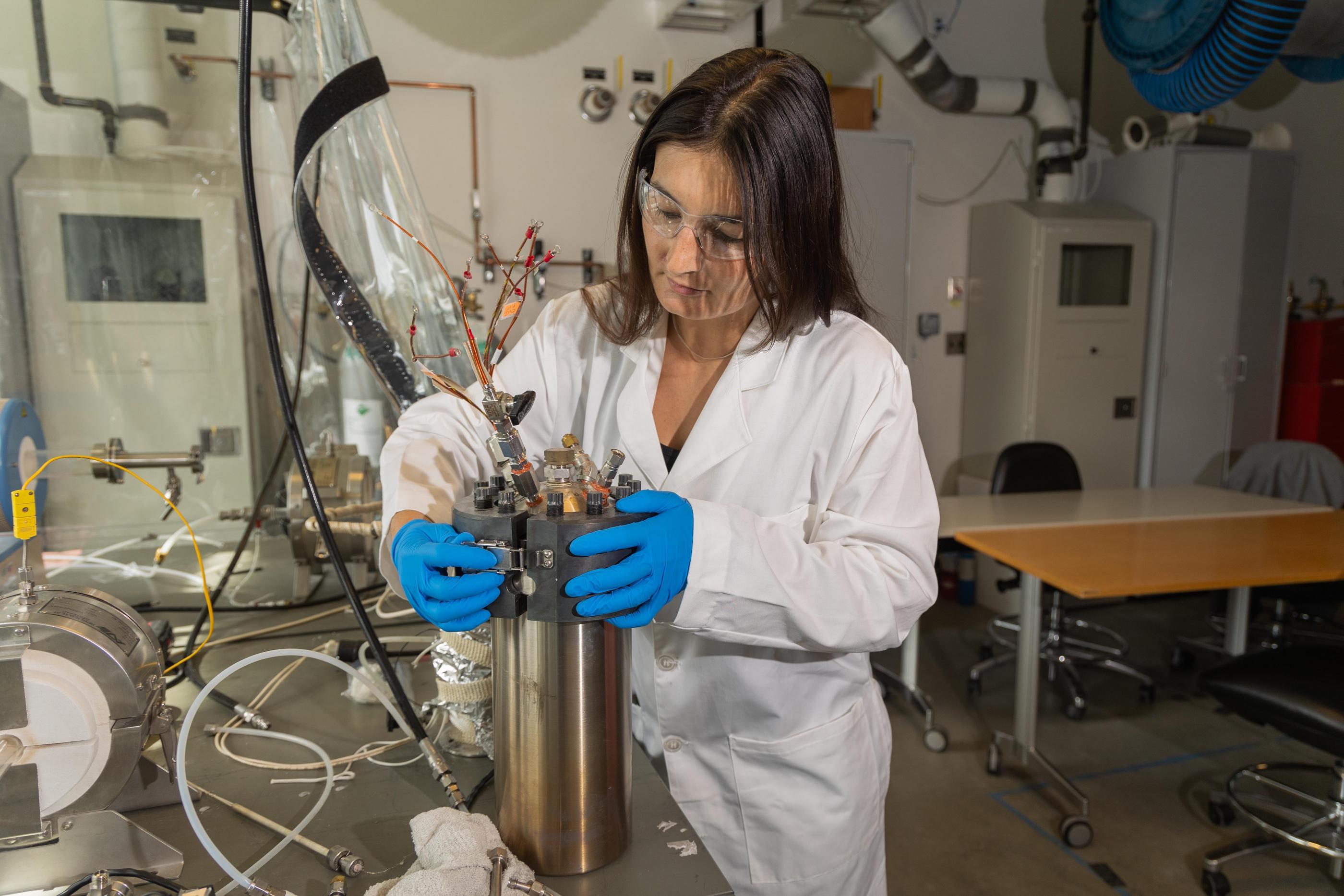 Sandrine Ricote works in a laboratory wearing a white lab coat and blue gloves