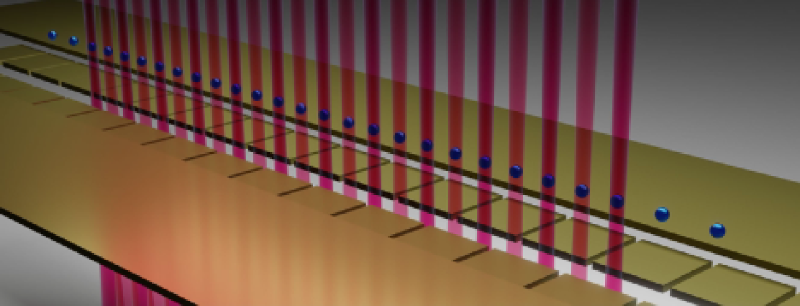 This Illustration shows a 1D crystal of ions, trapped by surrounding electrodes and controlled by lasers. The electrons in the ions can form a tiny magnet in one dimension.