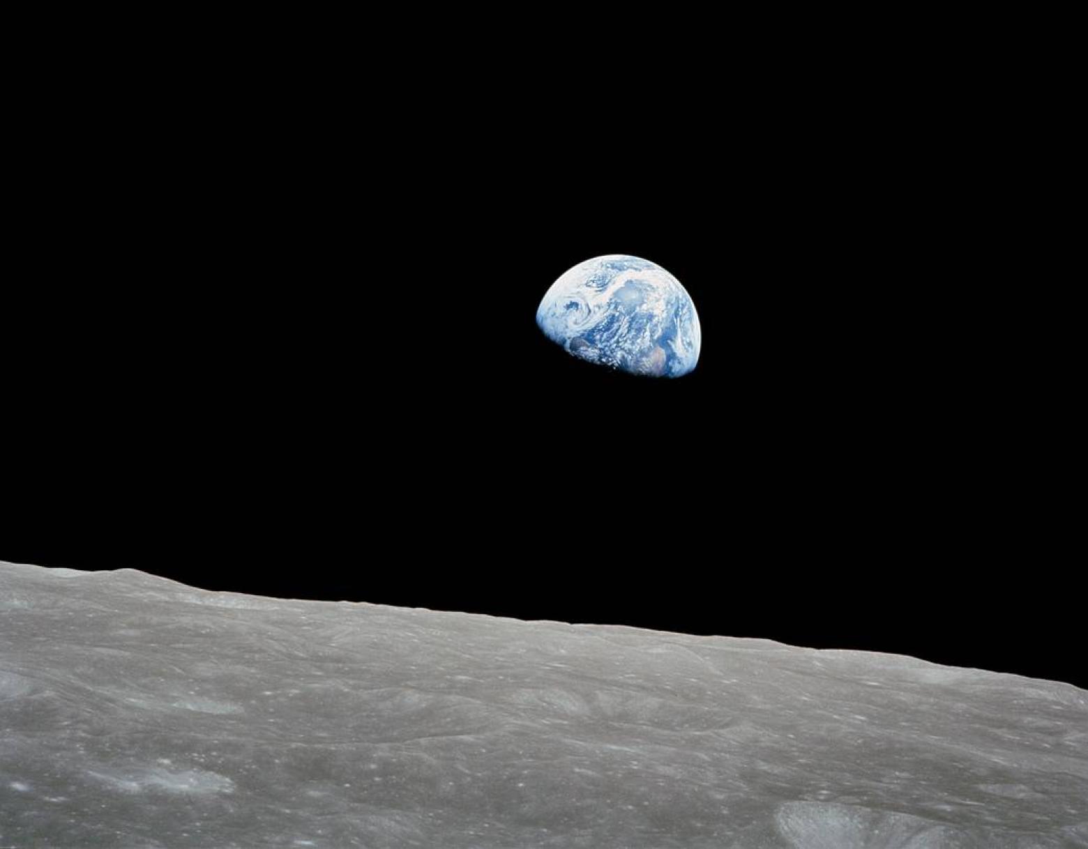 Planet Earth rises above the Moon's horizon, a photo taken from space on the Apollo 8 mission in 1968.