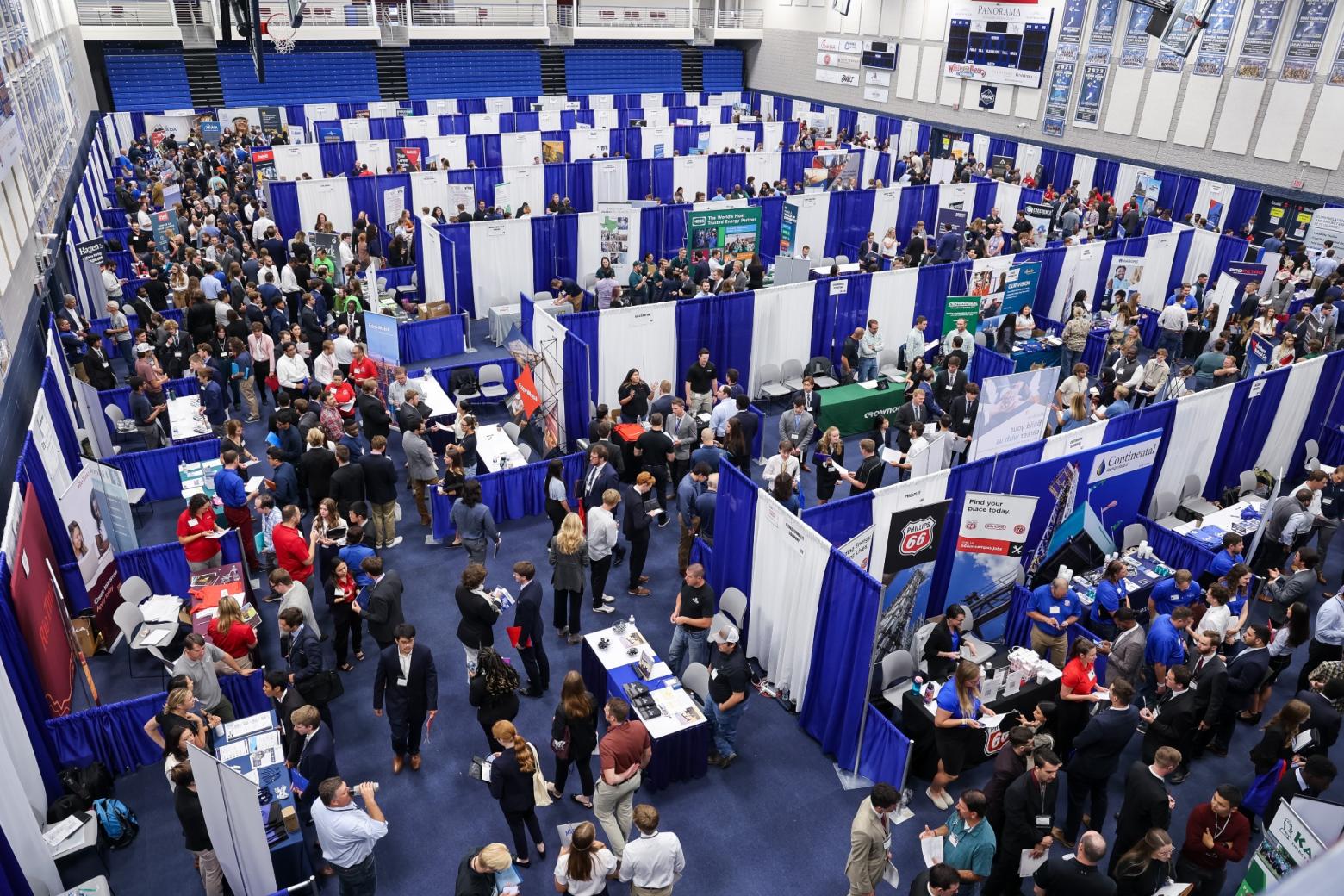 Aerial photo of a bustling first day at Mines Fall Career Day filled with students and recruiters..
