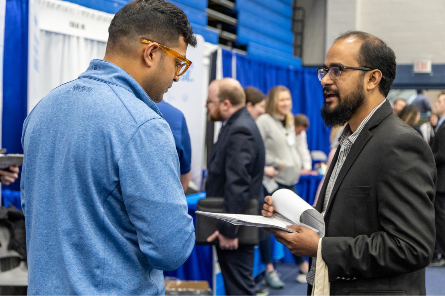 Doctoral candidate Seetharaman Navaneetha Kannan discusses his qualifications with an OxyChem recruiter