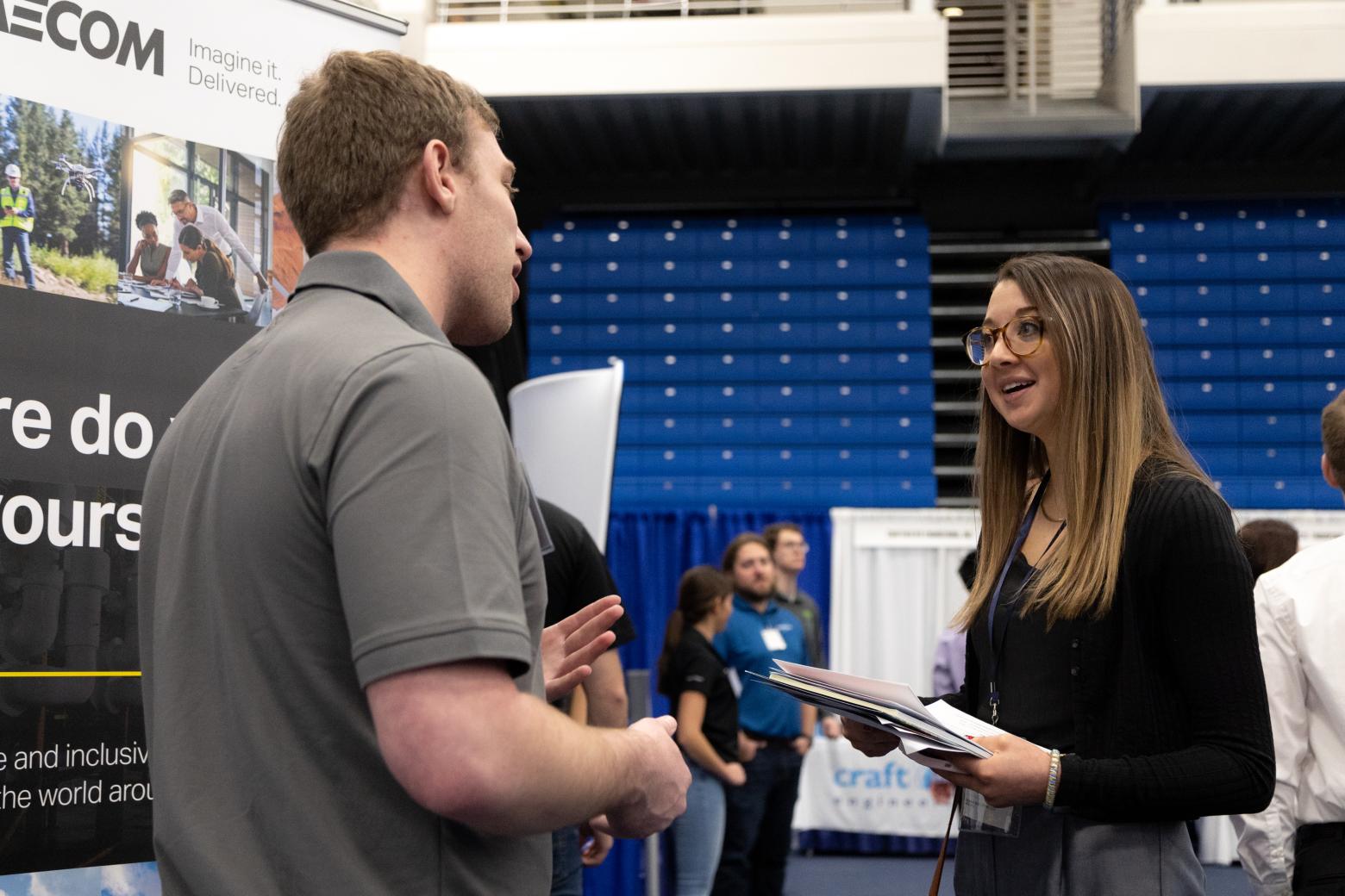 Mines alum Sarah Sadowski MS '22 meets with a recruiter during Spring Career Day.