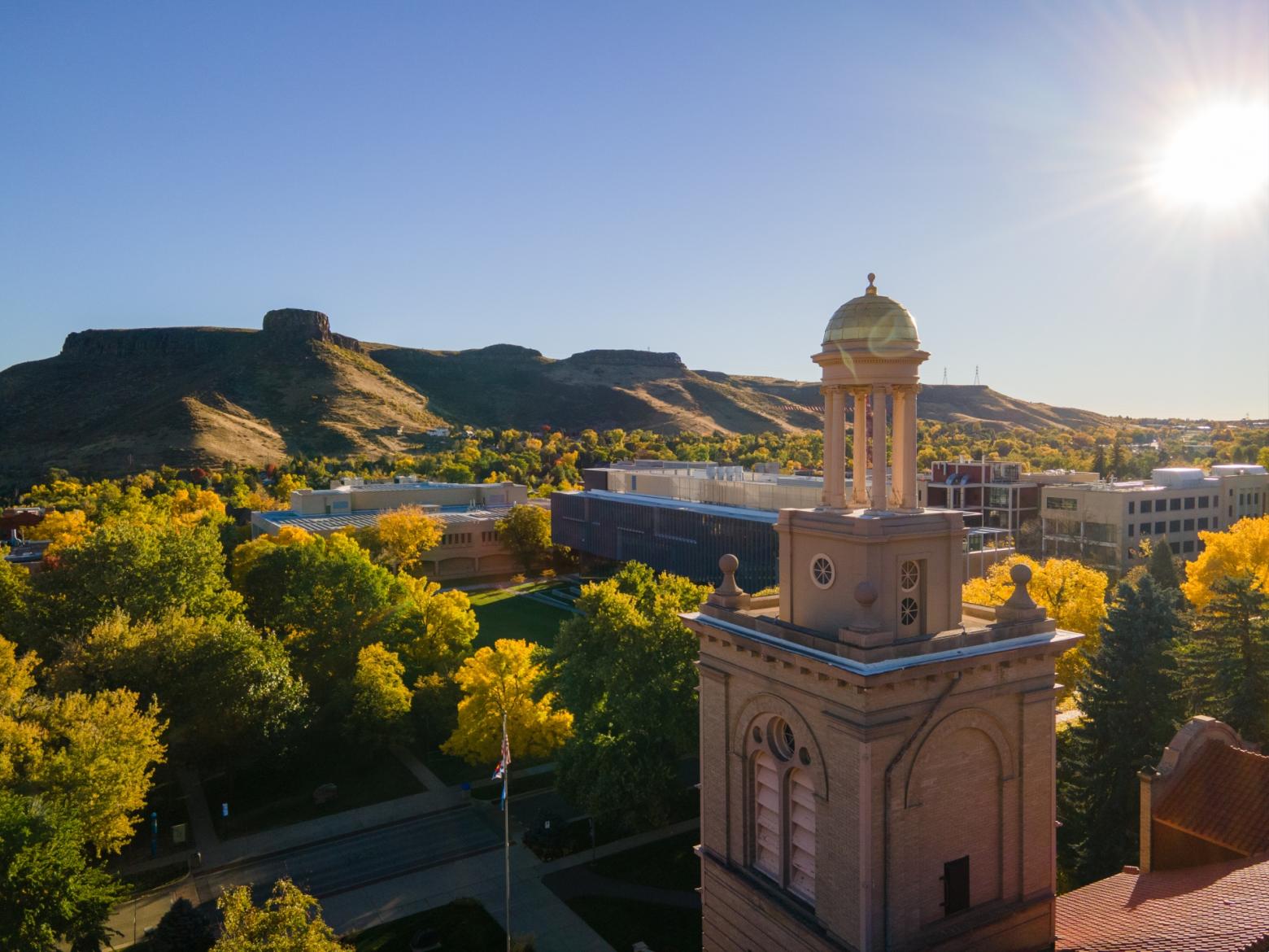 Aerial photo of Guggenheim Hall at Colorado School of Mines on a sunny fall day.