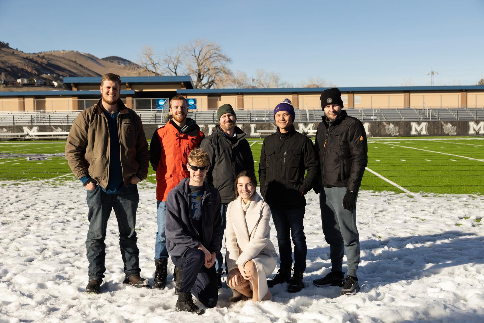 The Orbital Mining team includes (back row, left to right) Dewey Gazvoda, Daniel Abel, Chris Tolton, Ken Liang, Carsten Nesgaard, (front row, left to right) Zach Thelen and Ashle Jantzen.