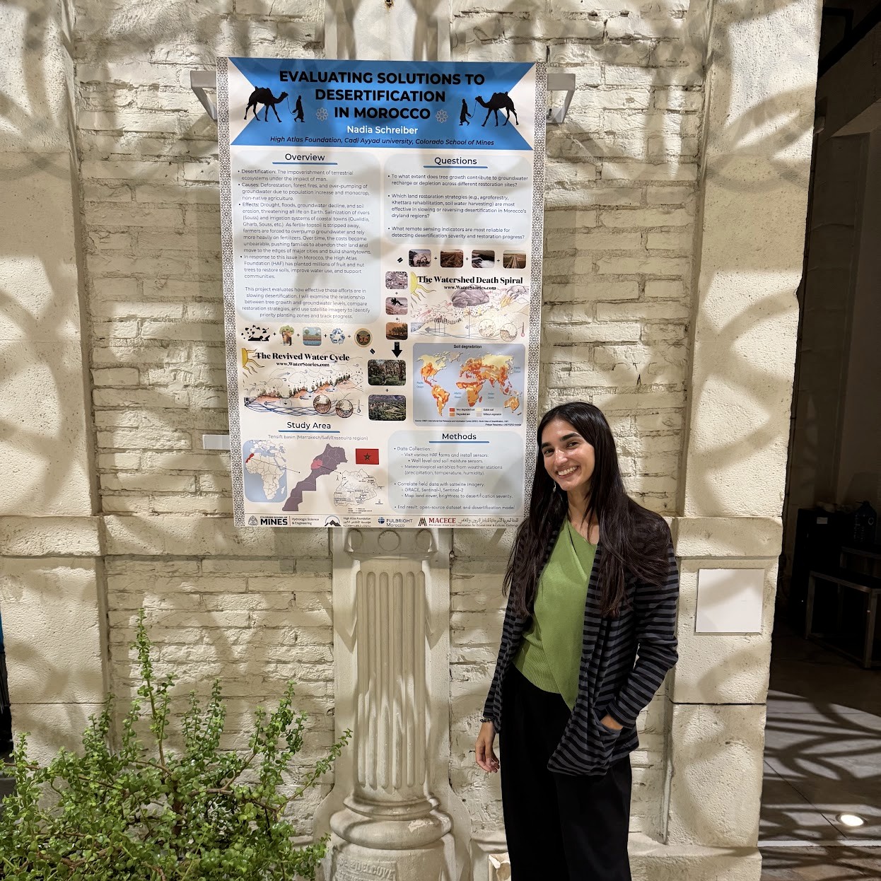 Nadia Schreiber stands in front of research poster on stone wall in Morocco