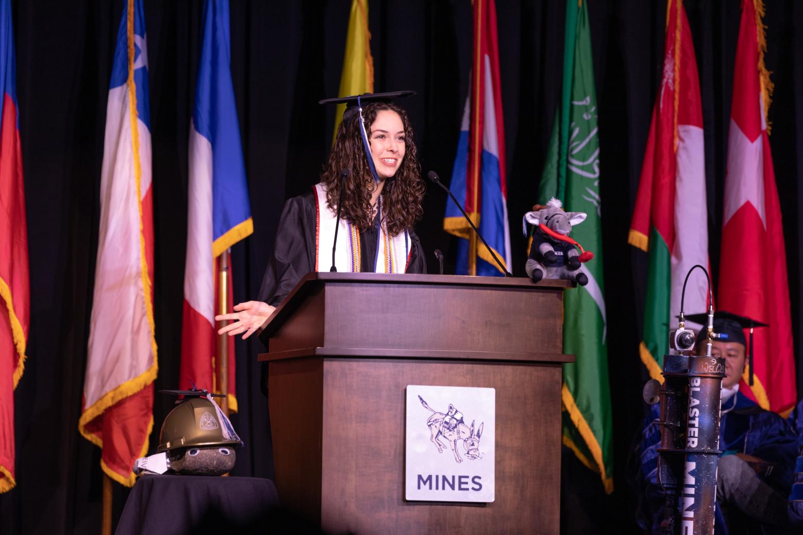 Mines student speaking at 2023 undergraduate commencement