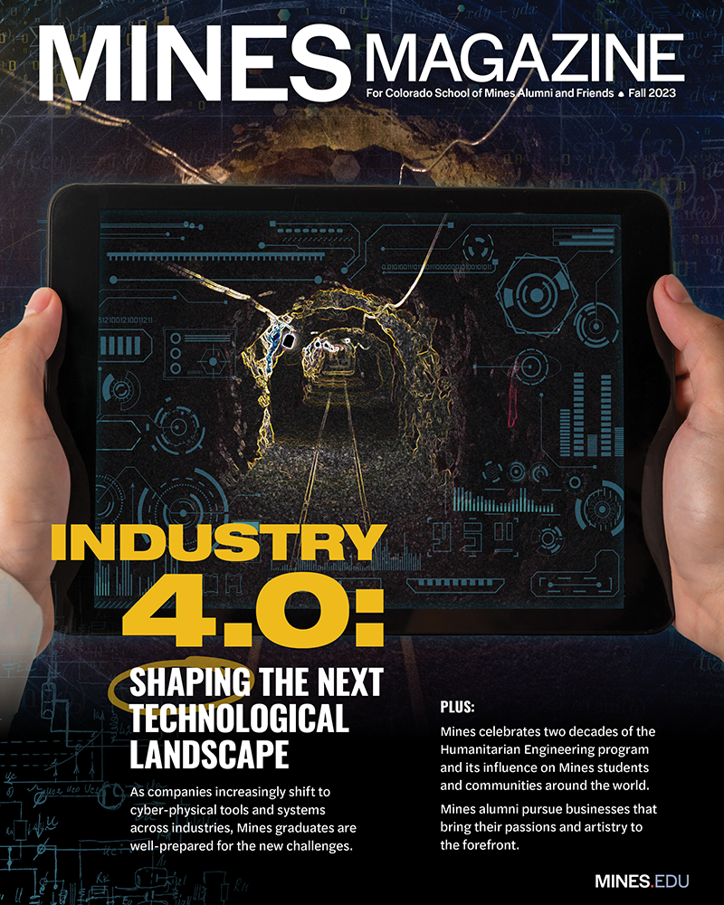 Cover of Mines Magazine Fall 2023 showing hands holding a tablet with a digital mining tunnel and Industry 4.0 technology theme.