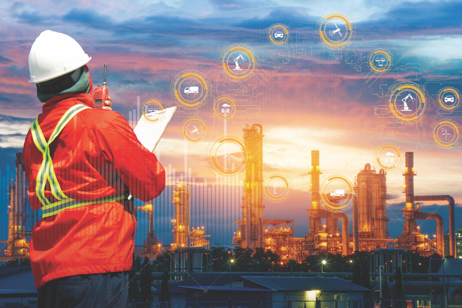 Stock image of a person in a high-vis vest and hard hat in front of an oil refinery overlayed with technical graphics
