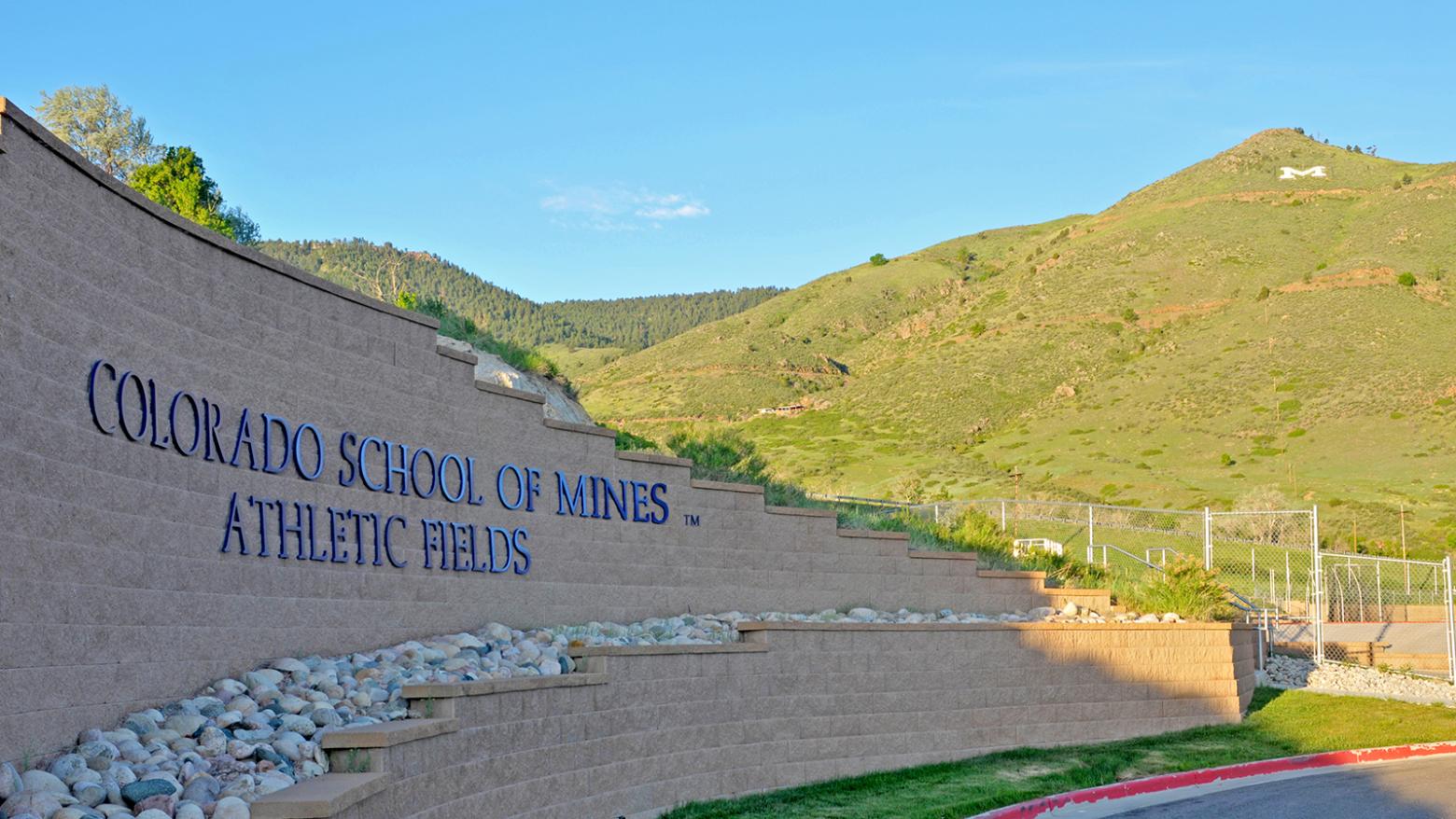 Colorado School of Mines Athletic Fields sign with Mount Zion in background