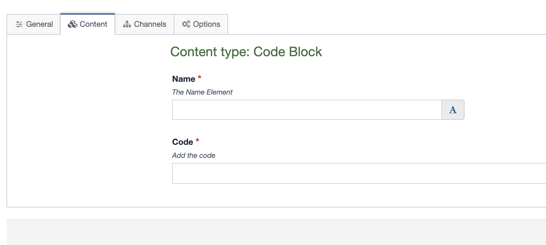 Screenshot of the code block content type